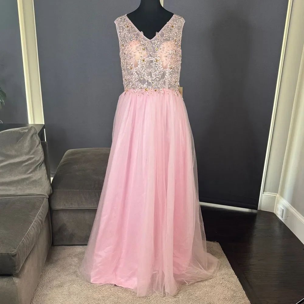 Women’s Pink Full Length Prom Formal Dress Corset Back Zip Skirt Size 14 NWT